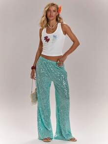 SHEIN BAE 一件夏季休闲条纹圆领背心，水母图案，饰有水钻，适合早午餐、外出、约会、通勤、邮轮度假，是女士伊比沙岛度假的理想之选，闪亮上衣 - 白色 - 查看 6