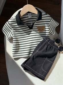 SHEIN 2件套男婴可爱休闲条纹polo衫和白色短裤套装，适合生日派对、晚宴、演出、婚礼、迎婴派对、一周岁生日庆祝活动。 - 黑色 - 查看 5