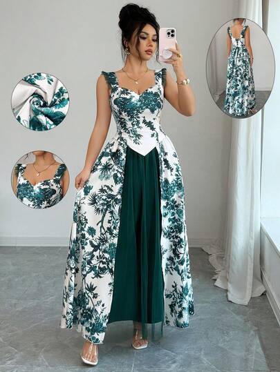 Elenzga Women's Elegant Fashion Commuter Casual Comfortable Charming Retro Minimalist High-End Romantic Holiday Palace Gentle Lady Sleeveless Pleated Ruffle V-Neck Waist Tie Back Hollow Puff Hem Mesh Patchwork Printed Dress (Random Print)