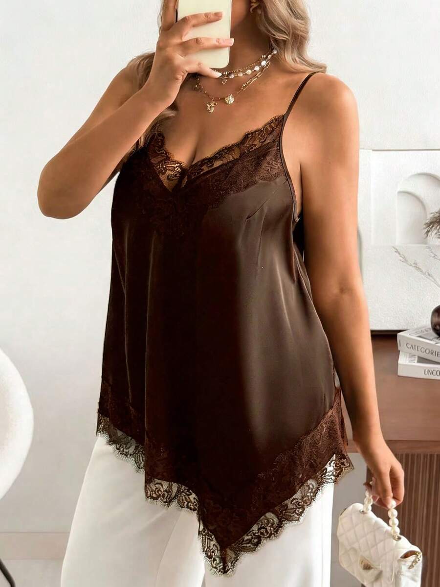Vionelle 大尺碼女款優雅性感棕色約會之夜婚禮賓客外出蕾絲吊帶上衣,V領不對稱下擺梭織緞面背心,休閒度假夏季款 - 棕色 - 查看 1