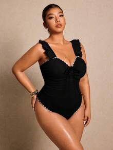 Elaquor Plus Size Color Block Trim One-Piece Swimsuit, Vacation & Beach Summer - Black - View 7
