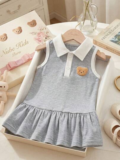 Souflis Souflis French Style New Girls' Summer Polo Collar Dress With Delicate Embroidered Bear Decor, Baby Girl Chic Sleeveless Dress, Summer New Arrival