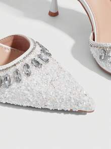 CUCCOO SZL Women's White New Pointed Toe Slingback Fashionable Glamorous Rhinestone Sexy Party Nightclub High Heel Pumps - White - View 5