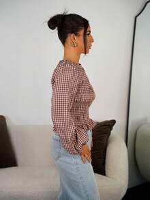 SAYEHFBABY Camisa de mujer de manga larga con cuello redondo y cintura ceñida a cuadros, diseño plisado, ajuste de cintura, camisa a cuadros elástica roja y rosa para mujer casual - Rosa - Ver 6