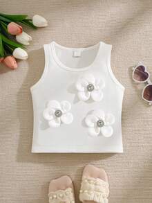 SHEIN Genkimix Kids Young Girls White Floral Beaded Round Neck Camisole, Fashionable For Birthday, Vacation, Party, Summer Toddler Girl Sleeveless For Kids Spring Clothes For Kids Flower Dress For Kids Kids Clothes In Girls 3to 4 Years Of Age - White - View 5