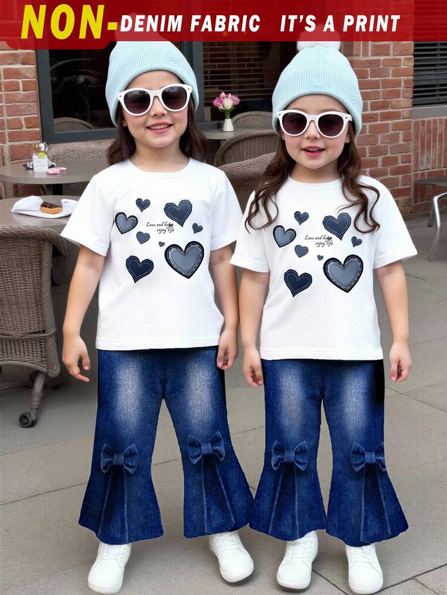 Bộ 2 món cho bé gái gồm áo thun denim in họa tiết và quần ống loe in hình trái tim, chữ in màu xanh dương, dễ thương và năng động, trang phục đa năng dễ phối đồ cho các chuyến đi chơi, phù hợp cho mùa đông, xuân và hè. - Nhiều màu - Xem 1