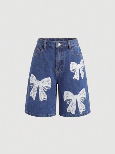 SHEIN Tween Girl Y2K Stonewashed Casual Loose Fit High Waist Blue Baggy Denim Long Shorts With Floral And Letter Patterns Print,Girls Summer Boho Vacation Rave Concert Streetwear Outfits, Versatile And Stylish,Perfect For The Back-To-School Season And Outdoor Streetwear Sports Summer Spring Clothing Festival Beach Graduation Casual Holiday Girlism Tween Girl Casual Elegant Soft Comfortable Streetwear,Jeans,Casual Dress, Elegant Jeans,Party, Back To School,Baggy Jeans Y2k,Loose Jeans,Oversized Jeans,Distressed Jeans,Vintage Retro Washed Jeans,2000s Baggy Jeans,Summer Jeans,Floral Jeans,Graphic Skirt Back-To-School Outfits Jorts