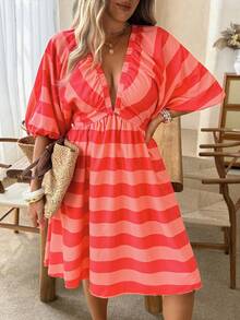 Vionelle Plus Size Women's Deep V Neck Knee Length A Line Dress Orange Plaid Batwing Sleeve Frill Details - Orange - View 7
