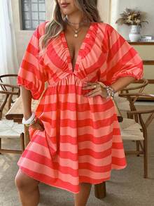 Vionelle Plus Size Women's Deep V Neck Knee Length A Line Dress Orange Plaid Batwing Sleeve Frill Details - Orange - View 6