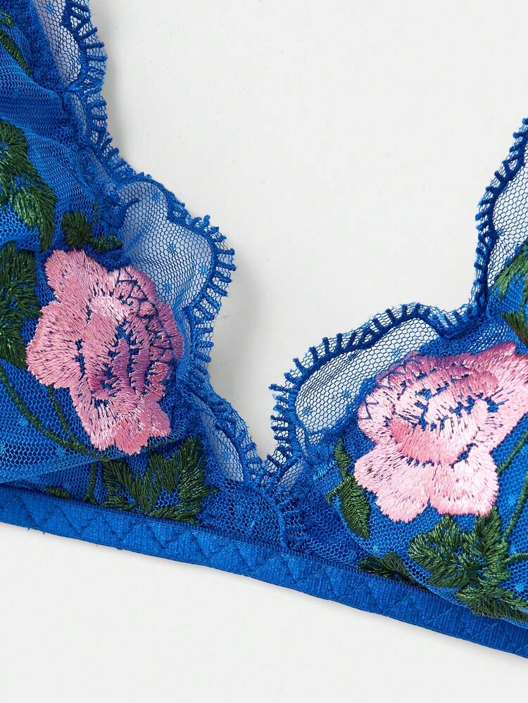 Cute Blue Mesh Lace Lingerie Set With Floral Embroidery, Triangle Bra And Matching Sexy Thong Spring Summer French Style Parisian Style Blue Lingerie Flower Lingerie