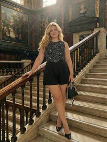 SHEIN MOD 大码女式亮面印花无袖连体裤 - 黑色 - 查看 9