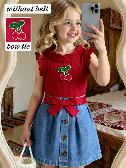 Elladie kids Girls (Small) Spring/Summer Casual Fashion Vest Set, Front Panel With Cute Cherry Print, Red Solid Ribbed Knit Fabric, Ruffle Trim Sleeveless Top And Coffee-Color Patch Denim Skirt 2-Piece Set, Suitable For Cute, Elegant, Casual And Fashionable Daily, School, Vacation, Party Occasions