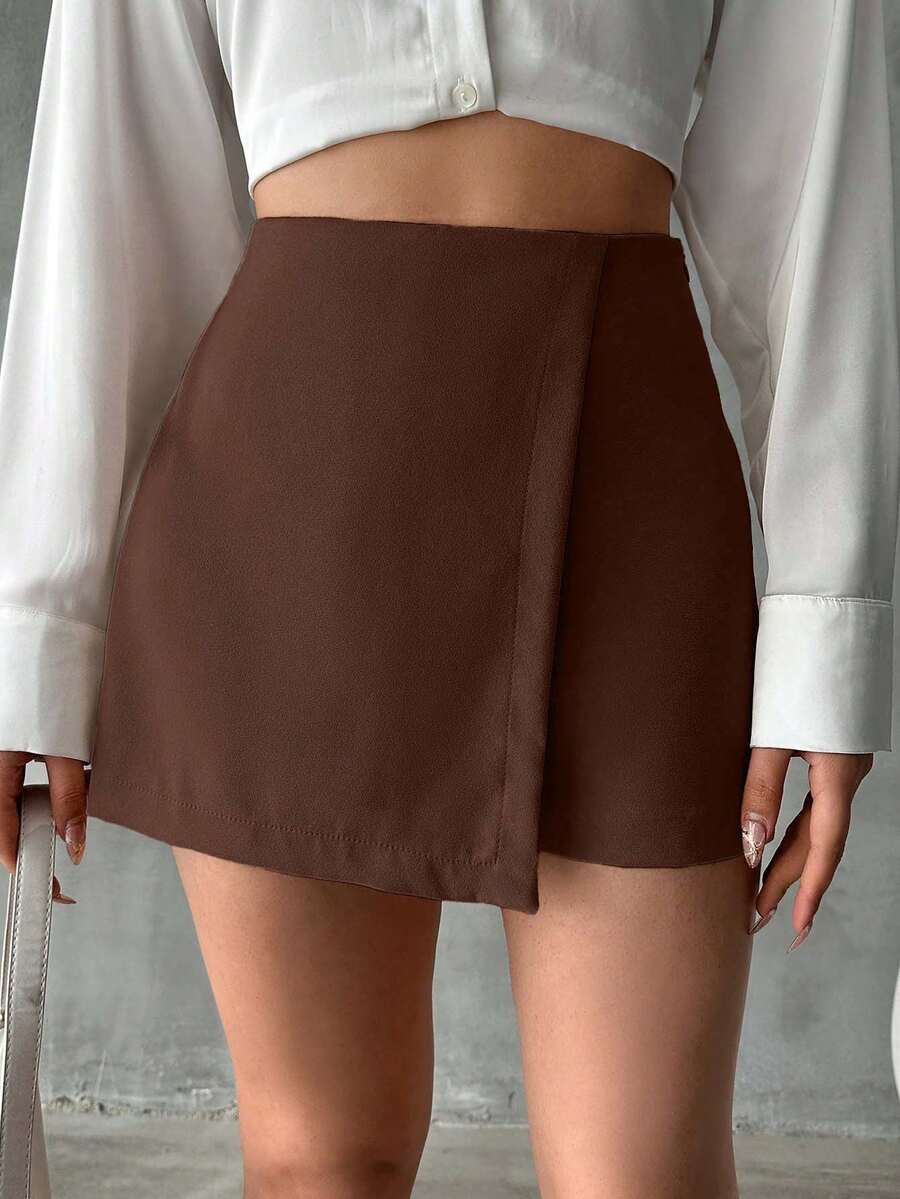 EURMUSE Women's Solid Color Wrap Around Casual Skirt - Coklat - View 1