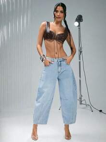 Denimoi Studded Lace Up Front Cropped Faux Leather Bralette Top Sexy Tops Concert Outfits Clubwear - Coffee Brown - View 3