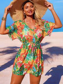 Swim Vcay 女士全印花V领沙滩罩衫短袖罩衫，春夏款 - 藍色 - 查看 6