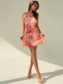 Nevyona Island Vacation Sexy Spaghetti Strap Floral Print Backless Mini Dress - Pink - View 4