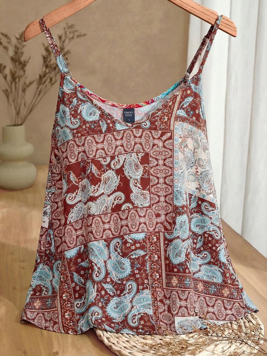 EMERY ROSE Top de tirantes estilo bohemio versátil para salidas de verano, blusas y tops para mujeres, tops bohemios para mujeres, tops de verano para mujeres, top de tirantes bohemio, top de verano, conjunto bohemio para mujeres, top camiseta para mujeres, tops de camisola para mujeres - Marrón - Ver 1