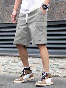 Manfinity Homme Men's Fashionable Casual Solid Color Pocket Drawstring Shorts - Light Grey - View 3
