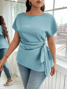 Reflora Plus Size Women's Fashionable Elegant Solid Color Tie Blouse - Mint Blue - View 1