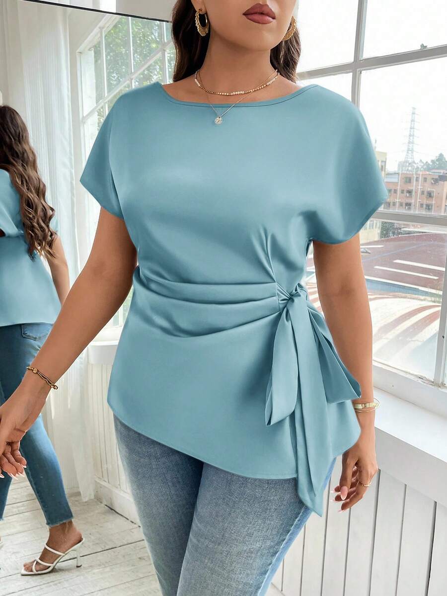 Reflora Plus Size Women's Fashionable Elegant Solid Color Tie Blouse - Mint Blue - View 1