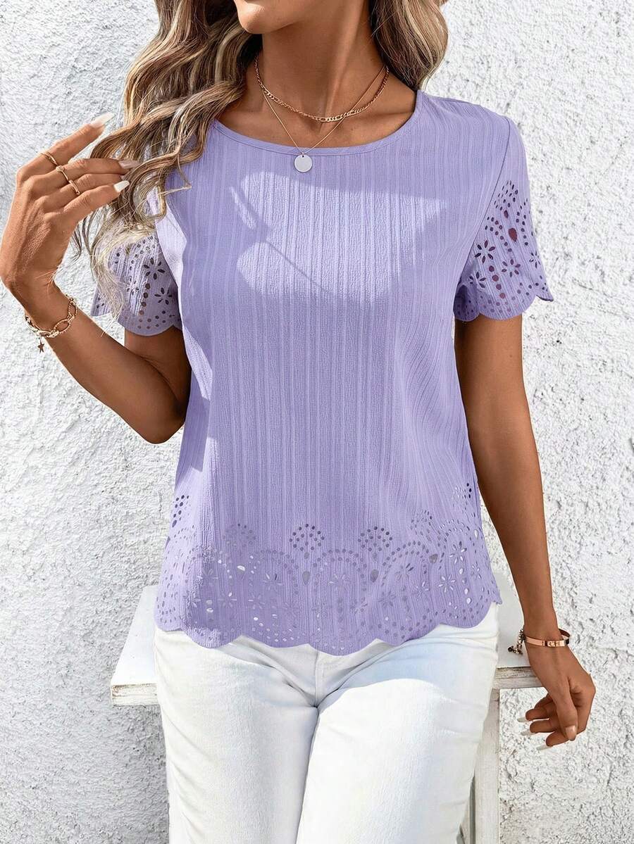 SHEIN Clasi Women's Short Sleeve Burnout Shirt, Spring/Summer - Mauve Purple - View 1