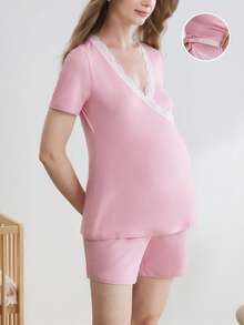 BloomMama Pregnant Women's Contrast Color Lace Trim Wrap Top And Shorts Pajama Set - Pink - View 2