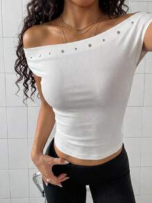 DAZY Women's Off-Shoulder Studded Trim Ribbed T-Shirt Y2k - White - View 8