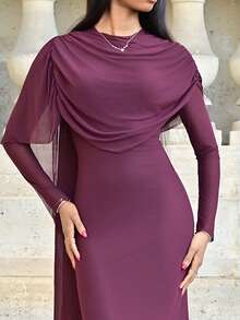 Mima John 女士优雅荷叶边长袖修身连衣裙，秋季 - 紫色 - 查看 4