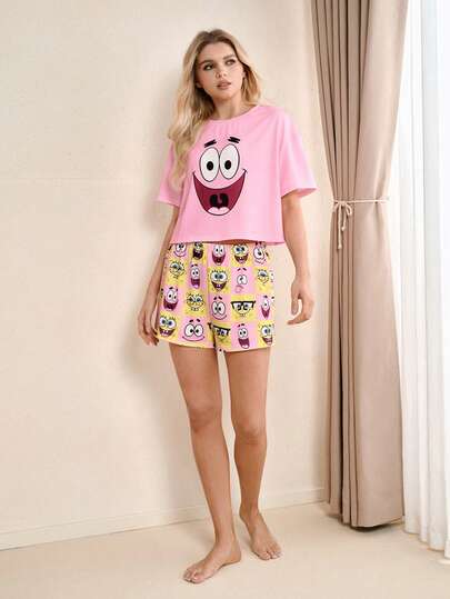 SpongeBob SquarePants | SHEIN Women's Cartoon Print Round Neck Short Sleeve Top And Shorts Casual Loungewear Set
