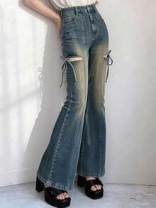FRIFUL Quần jeans nữ ống loe buộc dây, kiểu dáng thường ngày, chất liệu vải denim mài, có lỗ thoáng khí. - Màu xanh lam - Xem 3