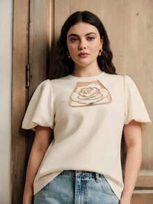 Anewsta Plus Size Women's White T-Shirt, Elegant Curve Summer Party Date Night Resort Embroidered Rose Short Puff Sleeve T-Shirt, Daily Wear, Vacation - Apricot - View 3