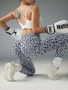 SHEIN Sports 女士豹纹高腰休闲百搭日常穿着及运动紧身裤 - 灰色 - 查看 5