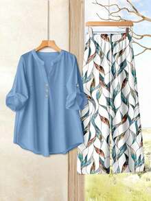 EMERY ROSE Bộ đồ 2 mảnh phong cách nghỉ dưỡng tối giản thường ngày gồm áo xanh dương và quần dài in họa tiết hình học nhiều màu sắc theo phong cách retro, dành cho nữ cỡ lớn, thích hợp cho kỳ nghỉ hè và đầu thu. - Màu xanh lam - Xem 6