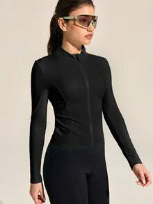 Exploreva Áo đạp xe nữ màu trơn, cổ có khóa kéo và túi. - màu đen - Xem 5