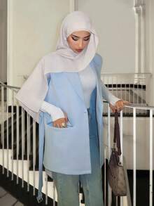 Mulvari Áo blazer không tay dáng rộng, dây buộc eo, vai rộng mới - Màu xanh nhạt - Xem 7