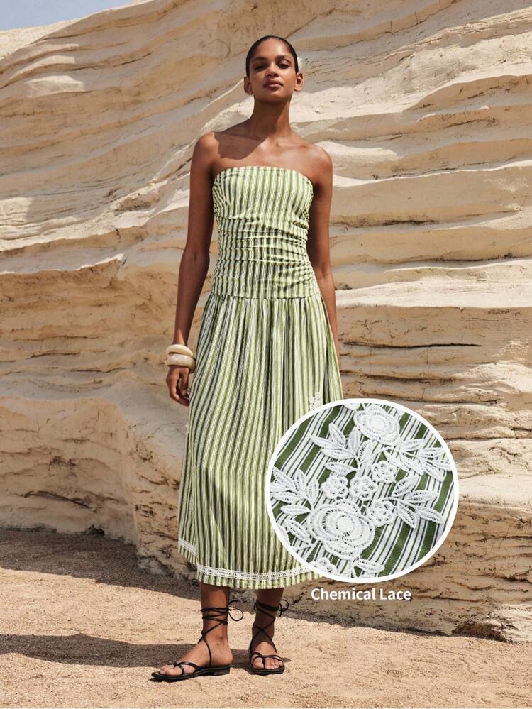 SHEIN Maija Striped Print Bandeau Dress For Women, Summer Dresses For Women, Summer Clothes , Summer Outfit For Women , Spring Dress, Spring Outfit, Spring Clothes Women , Beach Dresses , Beach Outfit For Women , Casual Dress For Women, Holiday, Vacation , Summer Holiday Outfits, Vacation Dresses, Backless, Vacation Stripes Resort Dresses For Women