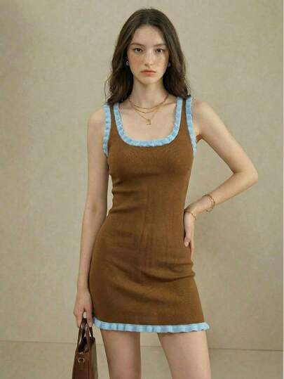 Muvela Brown Square Collar Blue Contrast Ruffle Trim Fitted Slimming Knit Dress, Sweet Girl Vibe, Retro College Style, Versatile For Daily, Sisterly Gathering, Afternoon Tea, Date, Elegant Vintage Chic, Casual Office, Graduation, St. Patrick's Day, Airport, Summer Holiday