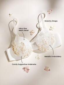 LUVLETTE Woman Lingerie Full Coverage Pushup & Breathable Underwire Sexy Unlined Embroidered Lace White Wedding Bridal Bra Mesh & Lace Bra White Minimizer Bra - Gold - View 1