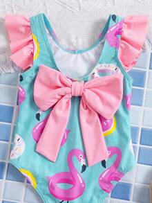 SHEIN Baby Girl Cartoon Print Bow Decor Flutter Sleeve One-Piece Swimsuit, Beach Vacation - Multicolor - View 6