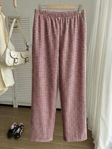 Comfortcana Pantalones anchos de verano de unicolor, de tela texturizada y arrugada, con cordón ajustable en la cintura, para vacaciones informales, talla grande - Rosa - Ver 2