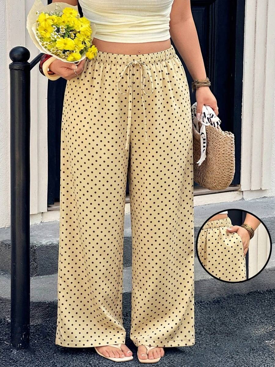GalTyme Mustard Yellow Plus Size Elastic Waist Drawstring Polka Dot Casual Elegant Pants - Pale Yellow - View 1