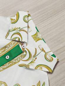 Franclia Vestido largo con estampado retro, cuello con volantes y dobladillo con volantes, estilo palacio de vacaciones para mujeres - Verde - Ver 3