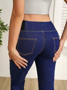 SHEIN Quần jean denim màu tối thời trang dành cho bà bầu - Rửa tối - Xem 7