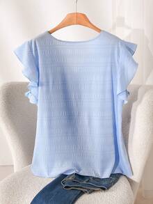 CosyJoli Plus Size Solid Color V-Neck Flare Sleeve Ruffle Bow Decor Blouse - Blue - View 2