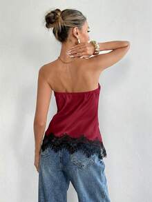 Matte Satin Lace Trim Bandeau Top,Summer Top Trending Outfit - Burgundy - View 2