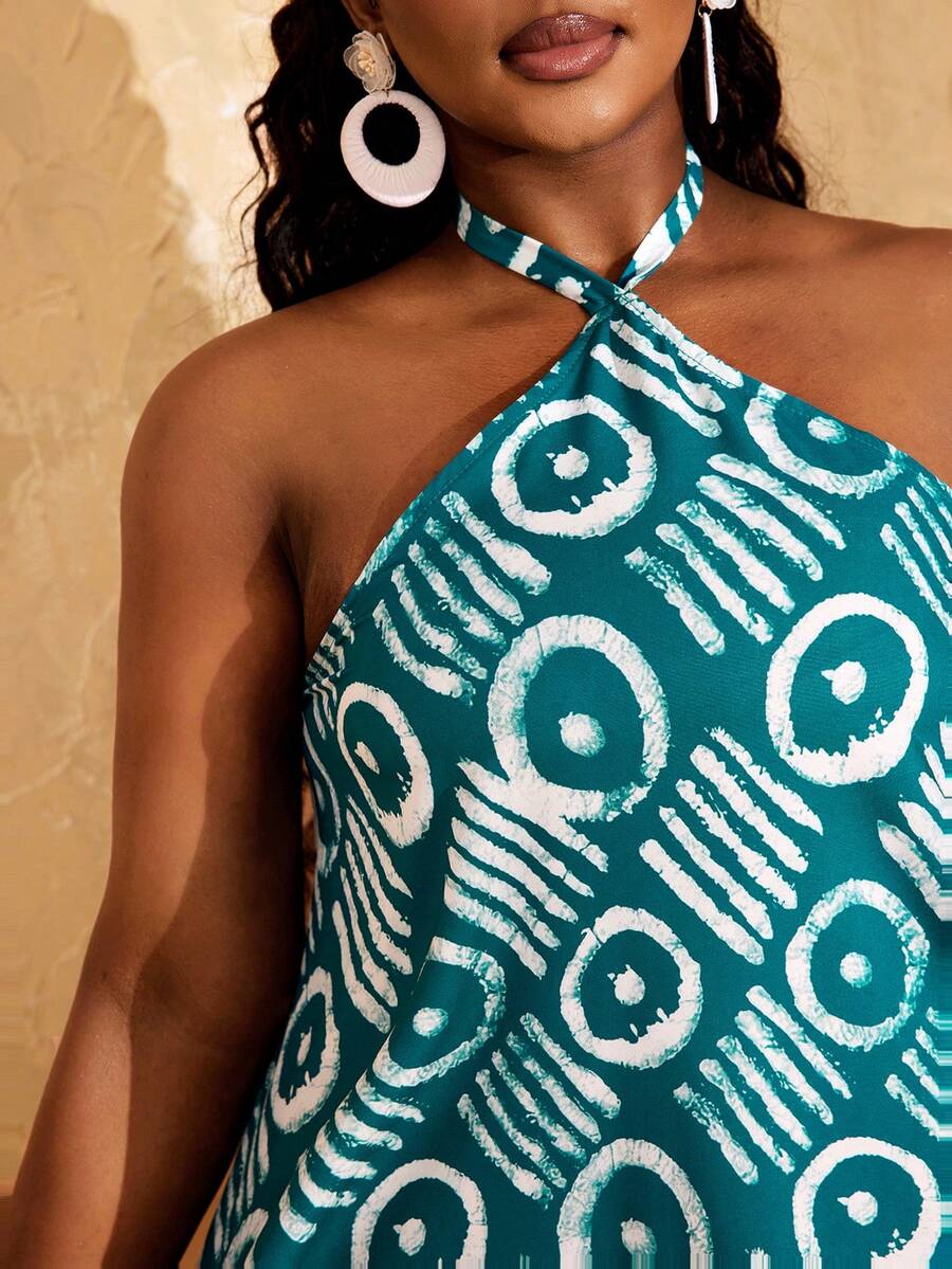 Lunelith SHEIN Lunessa 扎染图案数码印花长领连衣裙 - 青碧色 - 查看 1