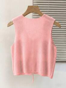 SHEIN Franclia Nuevo suéter sin mangas de punto con estampado de corazón romántico para el Día de San Valentín, de cuello en V casual con lazo, para mujer. Suéter de punto con diseño de corazón, top de punto lindo para mujer. Chaleco de punto con forma de corazón, suéter de punto de invierno para mujer - Multicolor - Ver 3