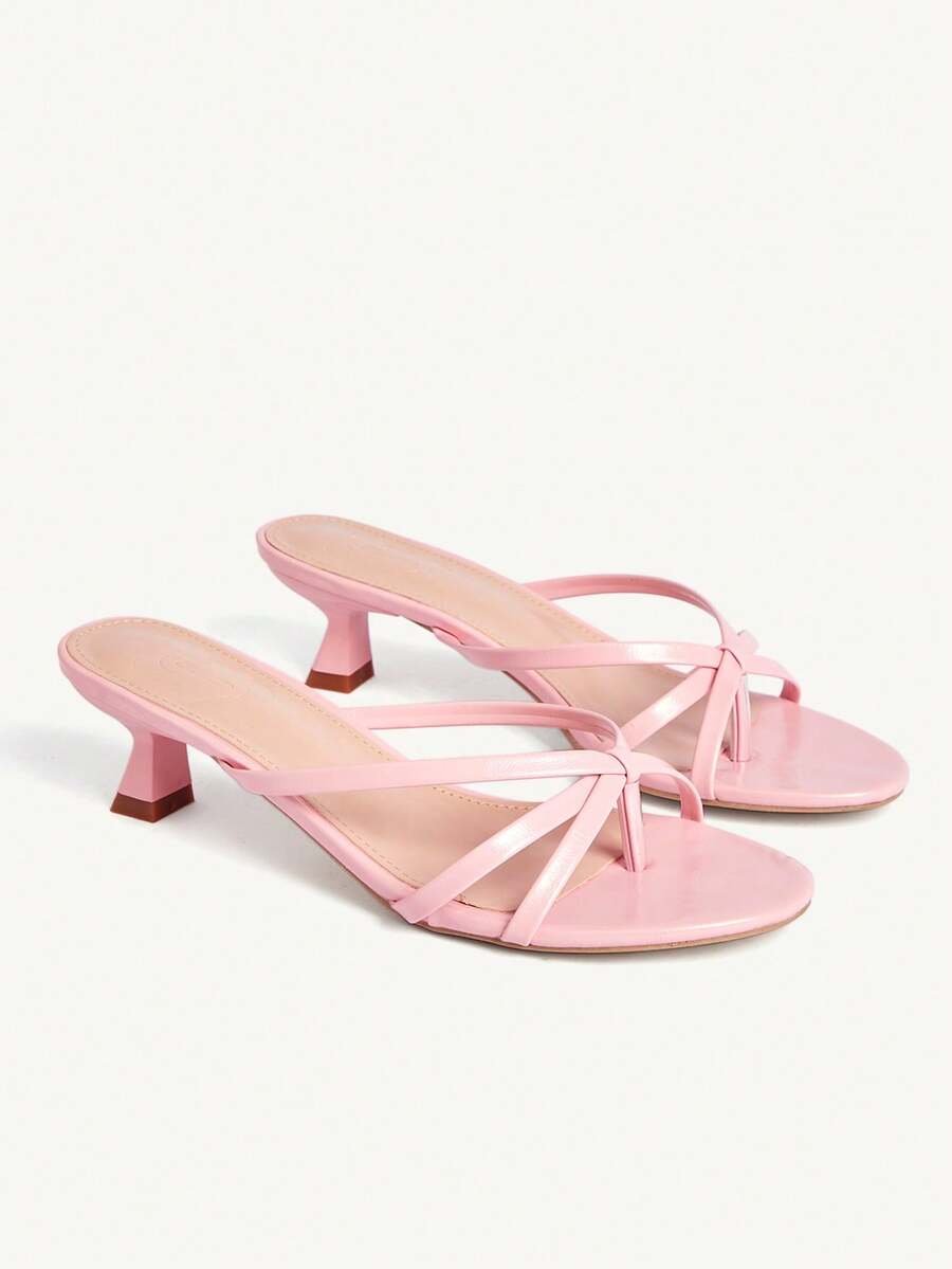 CUCCOO CHICEST 女士鞋履春夏新款舒适透气圆头细跟中跟无后跟套脚4.5厘米高跟凉鞋简约PU材质纯色通勤约会百搭度假 - 粉色 - 查看 1