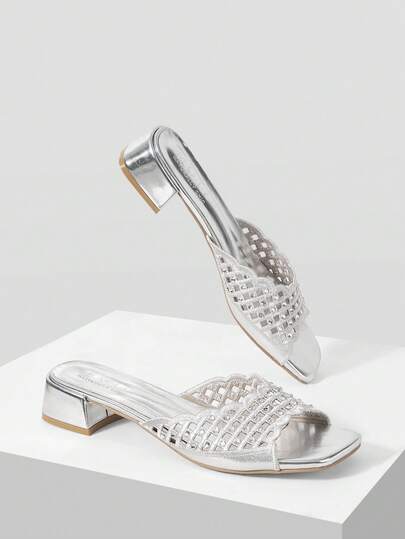 MOTF Dép xăng đan nữ kiểu Pháp cổ điển năm 2023, mũi vuông rỗng, gót trung bình, đính đá, kiểu dáng slip-on, thoải mái, đa năng, thoáng khí, chống trơn trượt, bền bỉ và sang trọng, thích hợp đi biển.