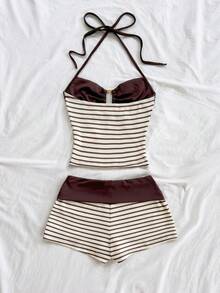 Soleia Conjunto de Duas Peças Plus Size com Alça de Espaguete, Camiseta de Malha Listrada com Fivela de Metal e Shorts, Adequado para Festa, Dia dos Namorados, Encontro à Noite, Boate, Boêmio, Boho, Férias, Roupas Femininas de Outono, Vintage, Feriado - Multicolorido - Visão 3